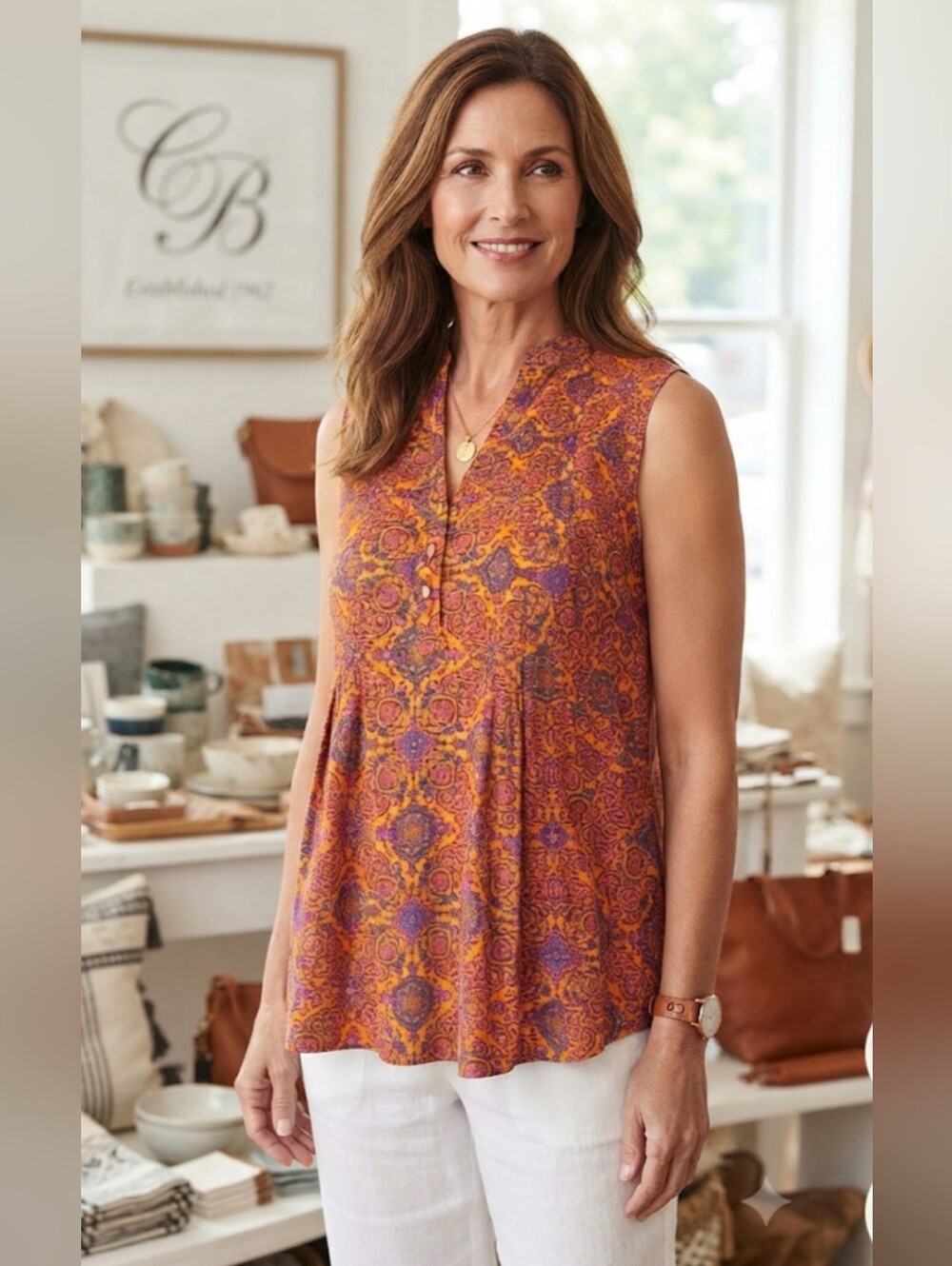 Sleeveless V-Neck Paisley Print Women's Top in Orange and Purple - Picture 8 of 8